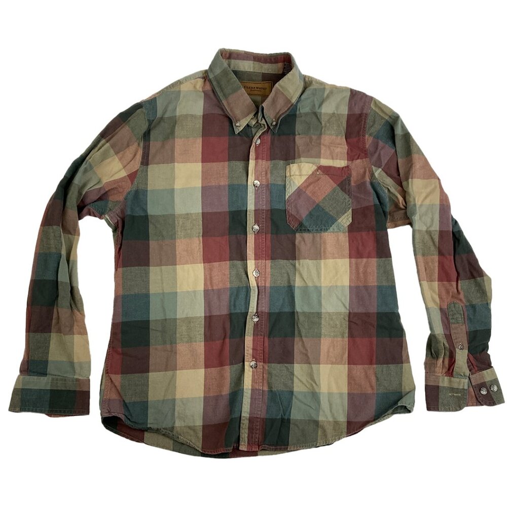 ClearWater Plaid Green Rainbow Button Down Shirt Size Large Long Sleeve Pocket